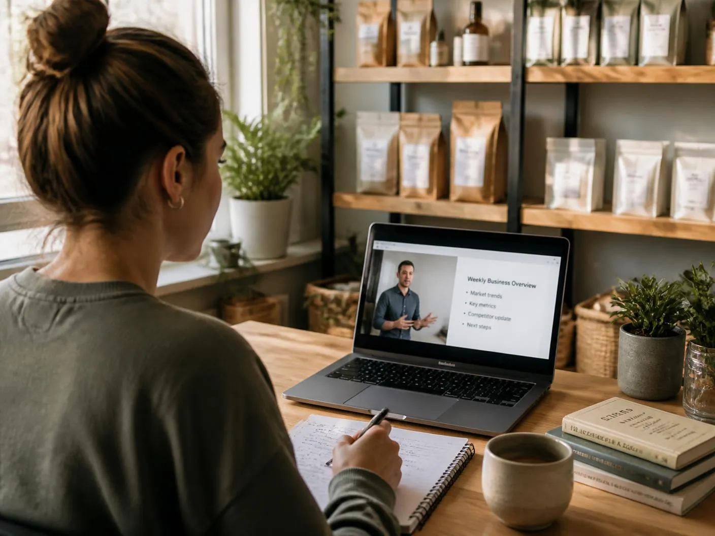 Store owner following an Academy lesson on a laptop at her studio desk