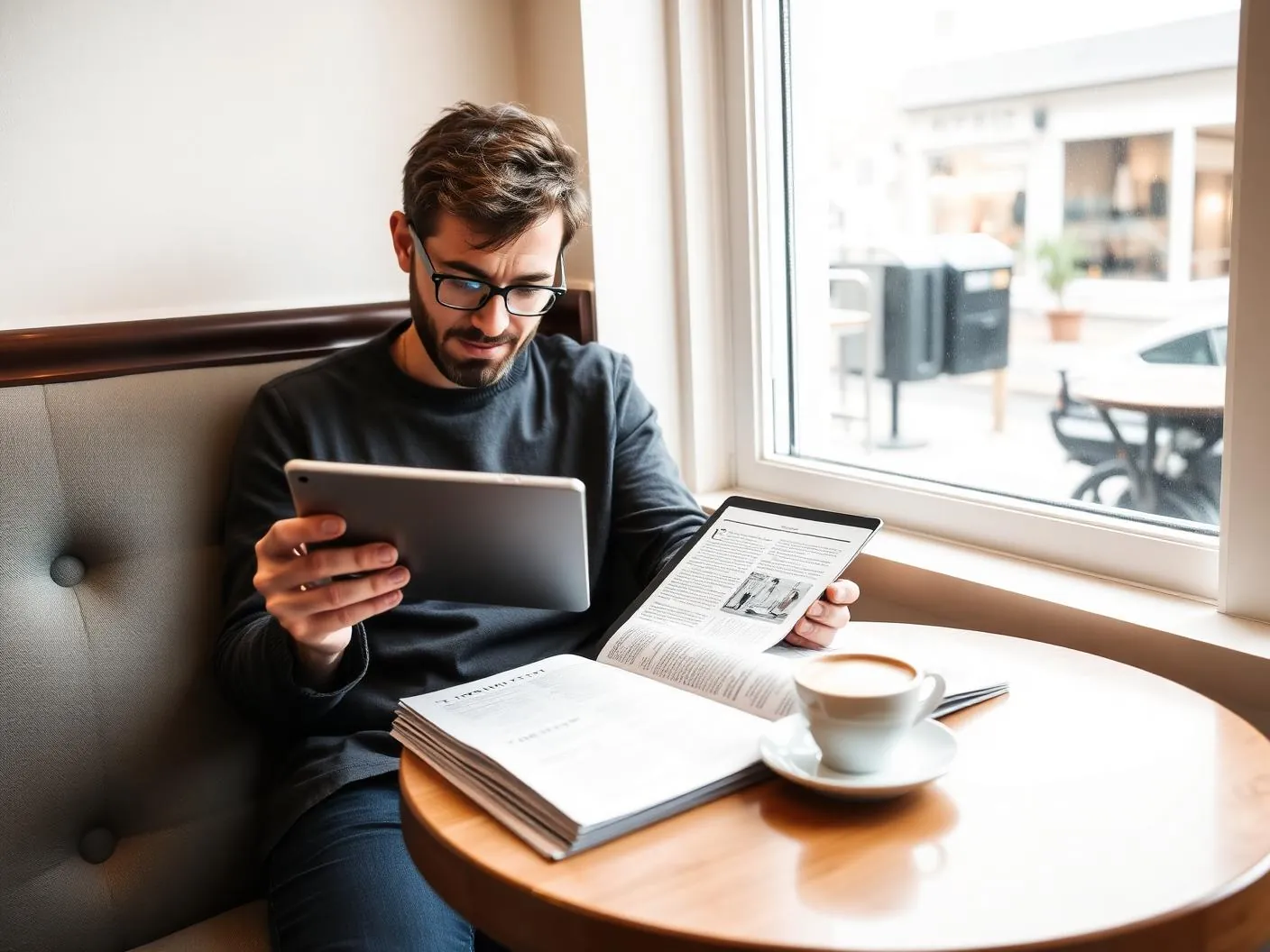 Reader working through a long-form article on a tablet in a bright cafe window seat