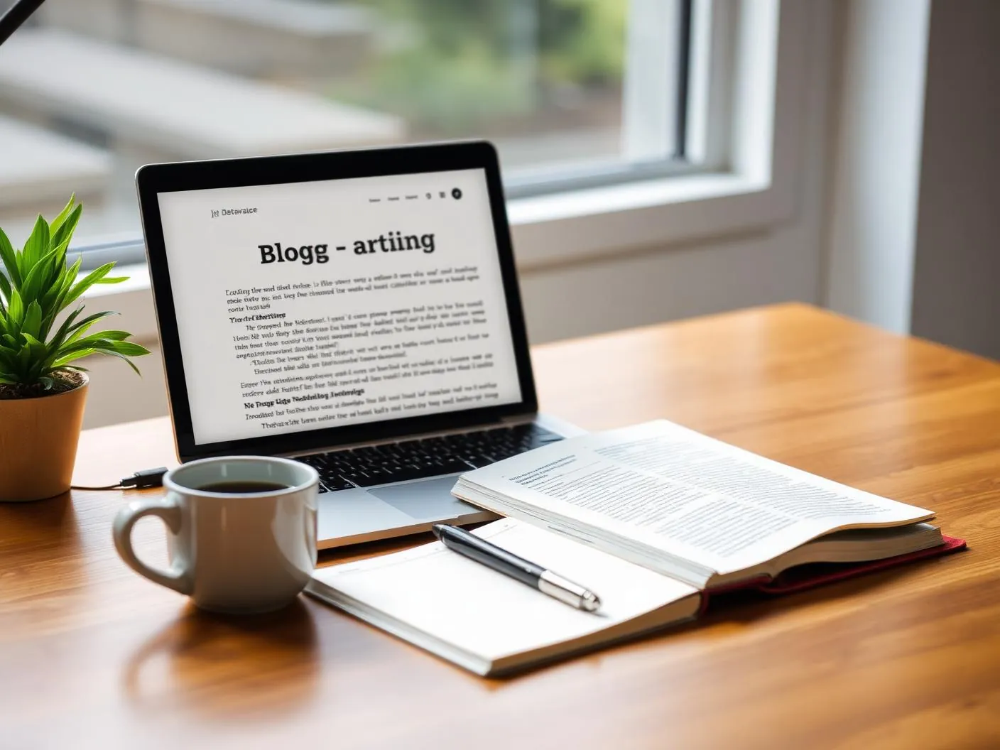 Laptop showing a blog article draft beside a notebook and coffee on a sunlit desk