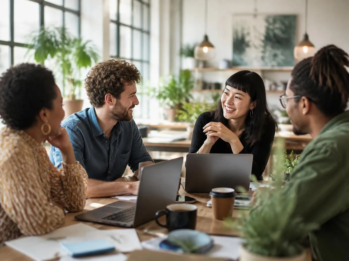 Group of independent online store owners talking together around laptops in a bright co-working space Group of independent online store owners talking together around laptops in a bright co-working space