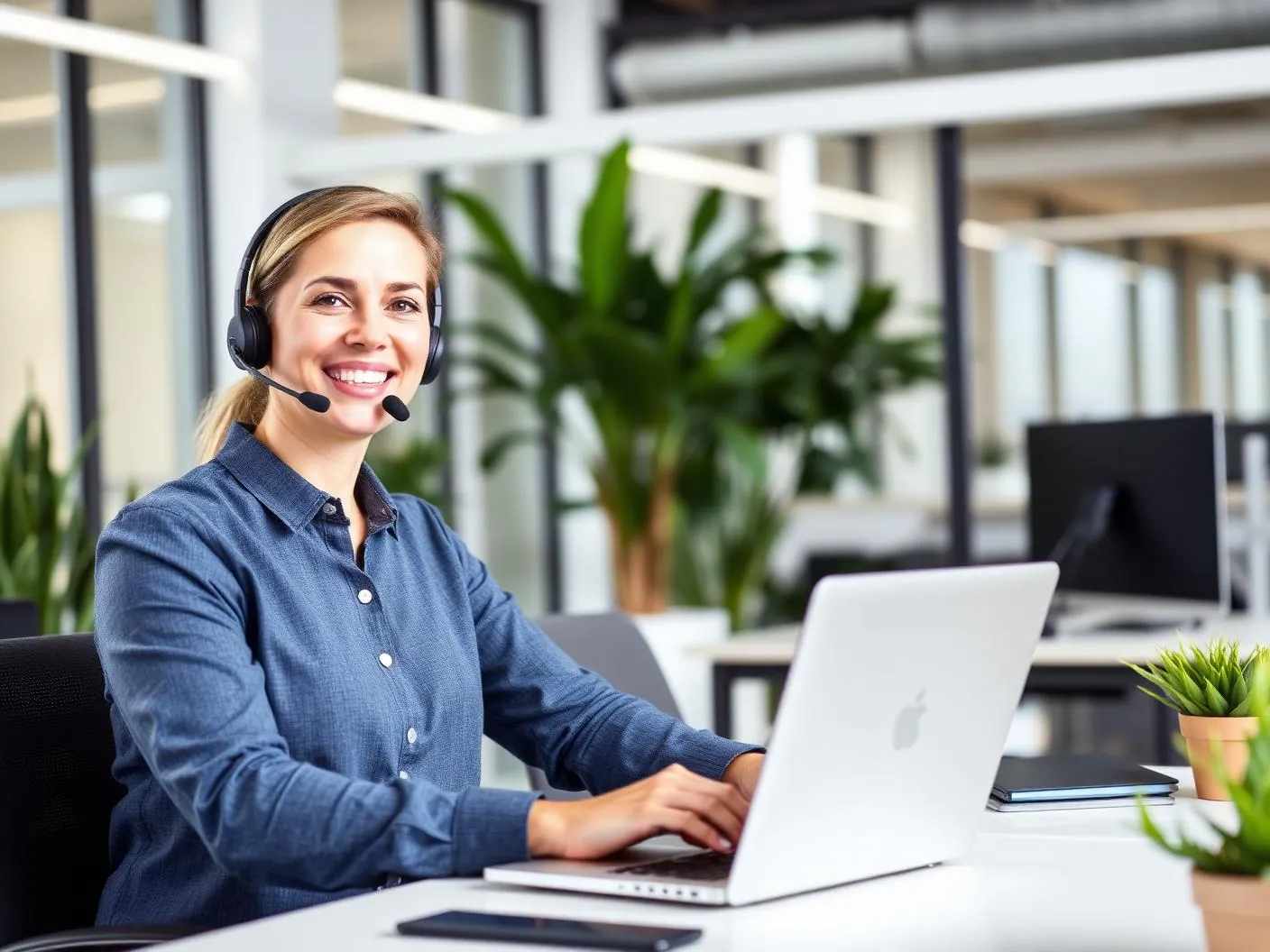 Support specialist wearing a headset smiling at a laptop in a bright modern office
