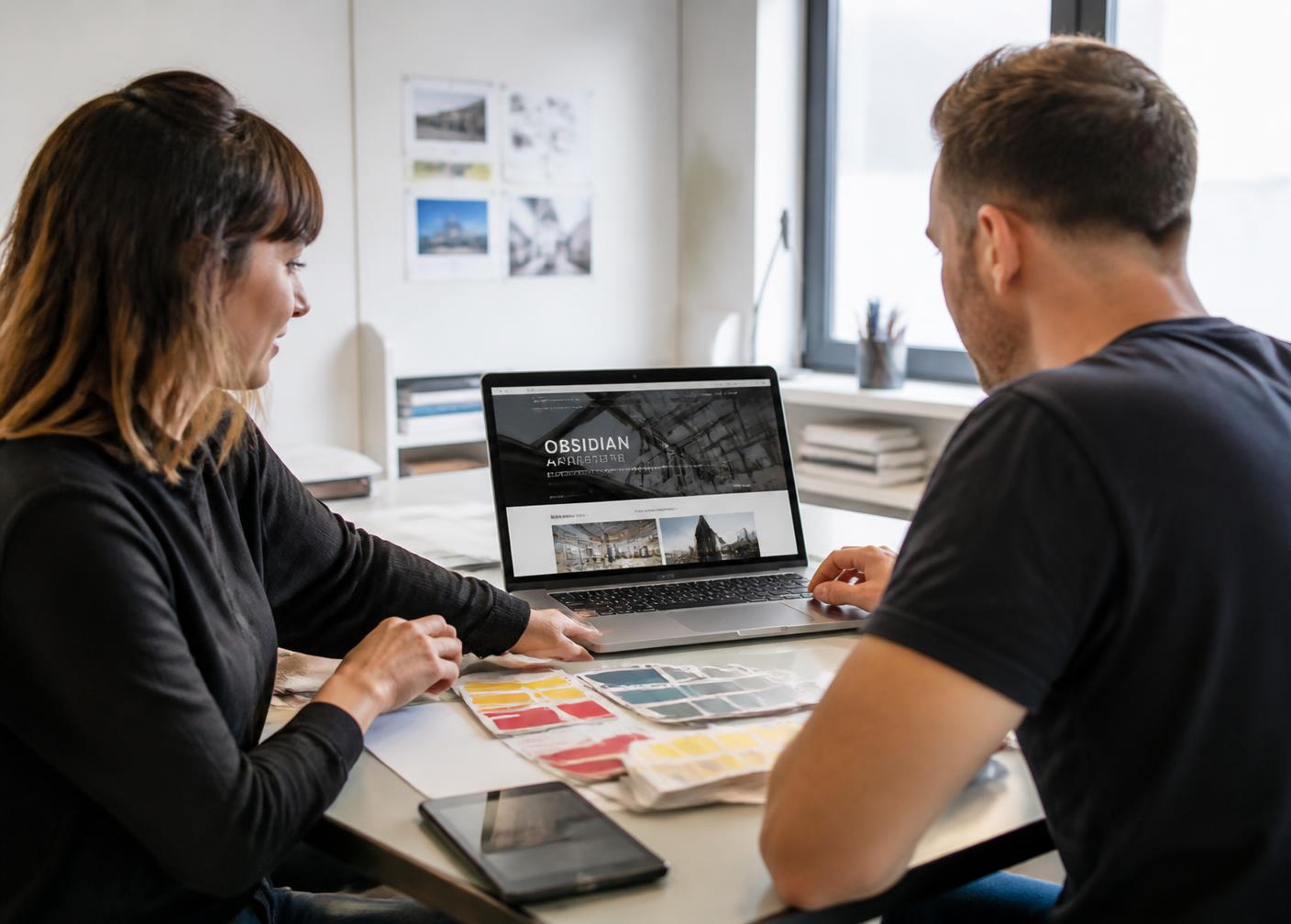 Two designers reviewing an online store layout together on a laptop