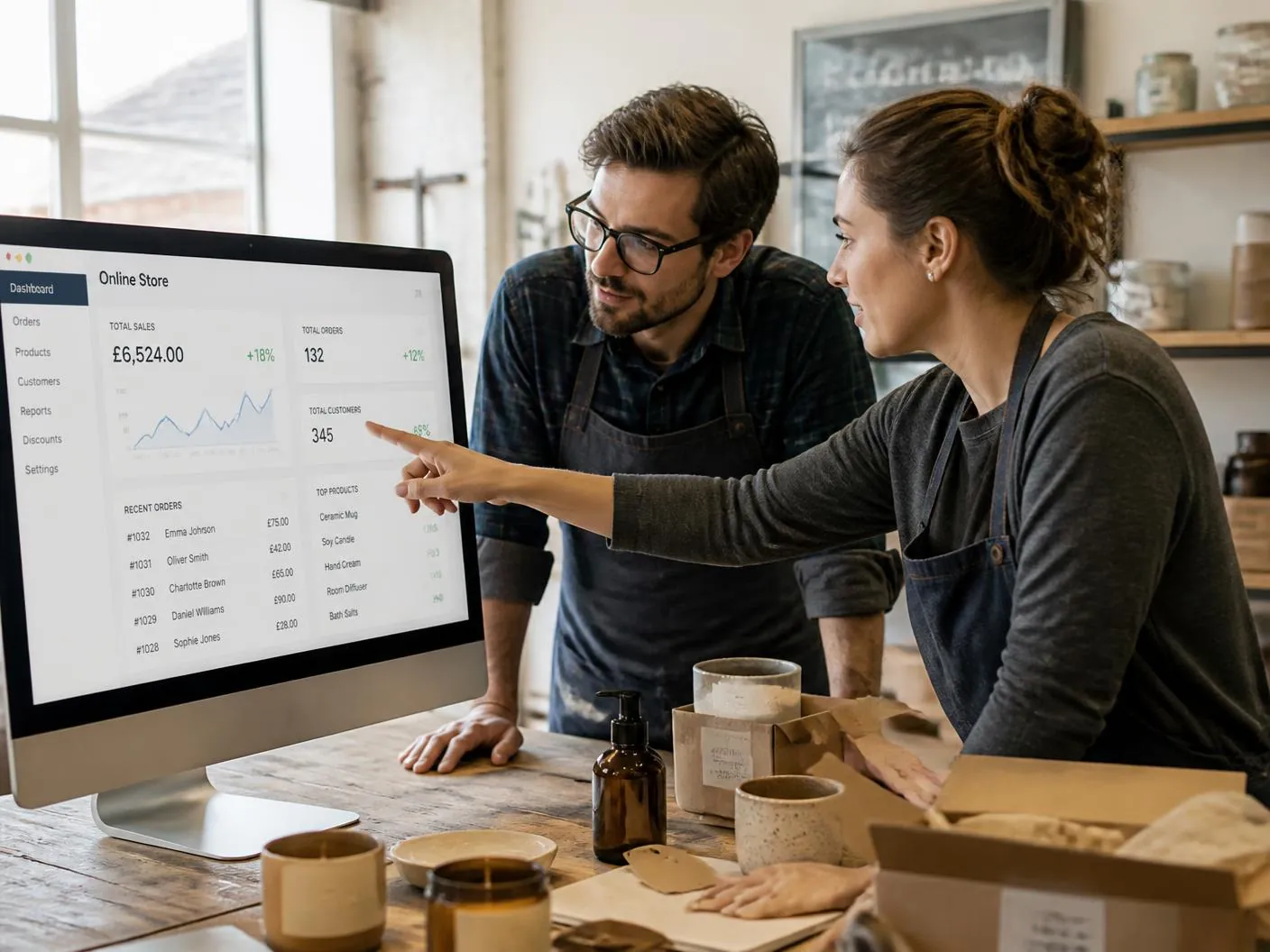 Two merchants reviewing their online store dashboard in a workshop