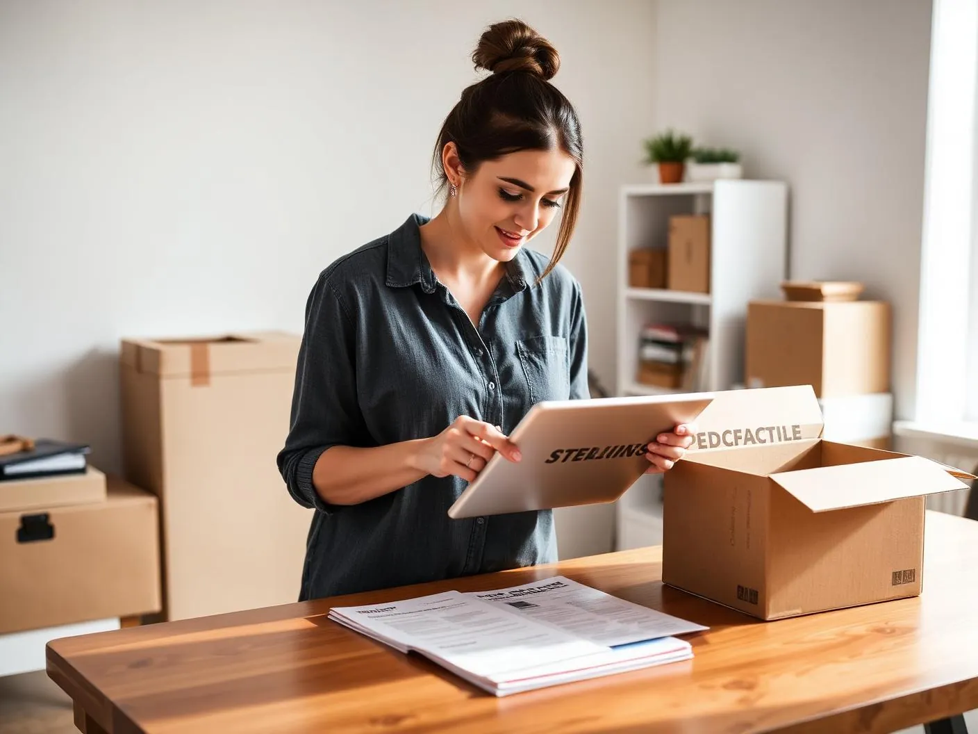 Shop owner following a step-by-step guide on a tablet while packing product boxes