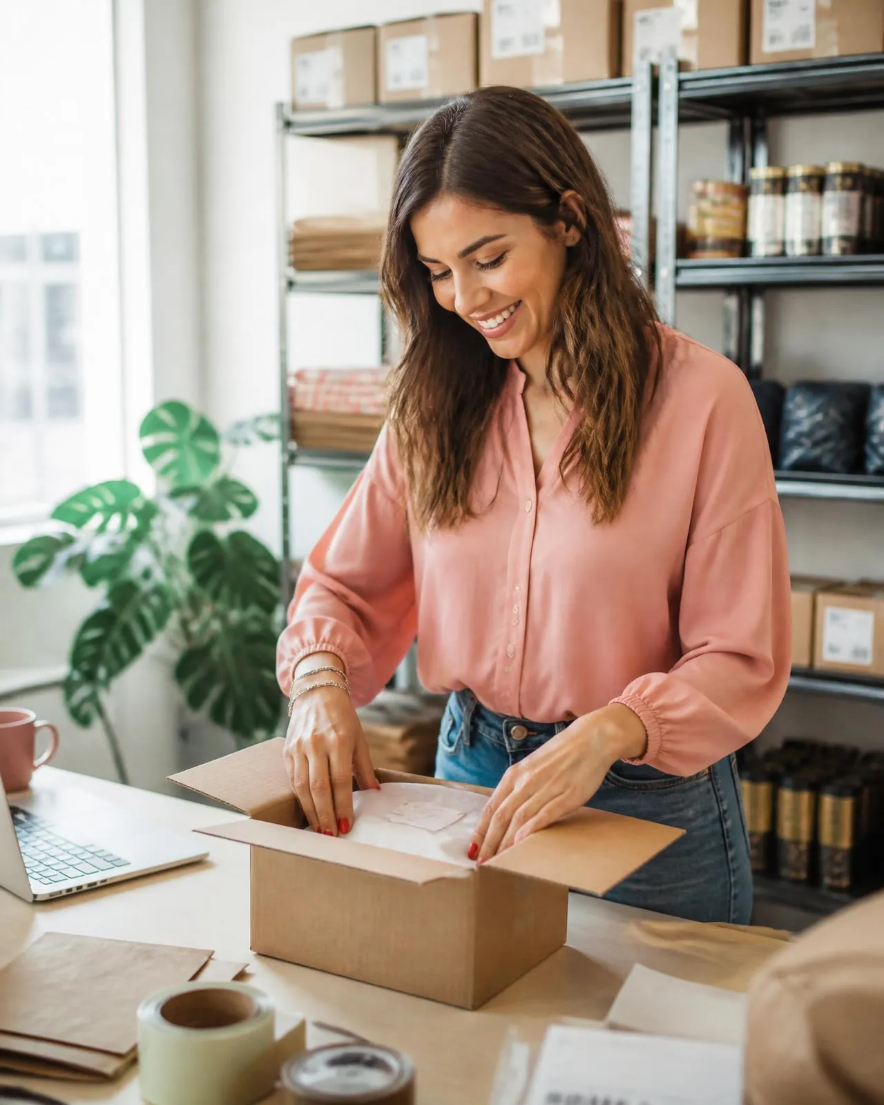 Small business owner packing customer orders at her studio workbench Small business owner packing customer orders at her studio workbench