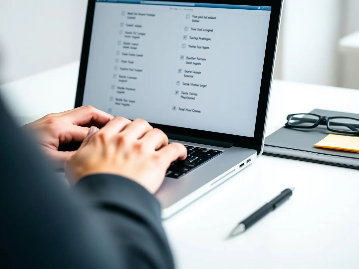Hands typing on a laptop showing a numbered task checklist beside sticky notes
