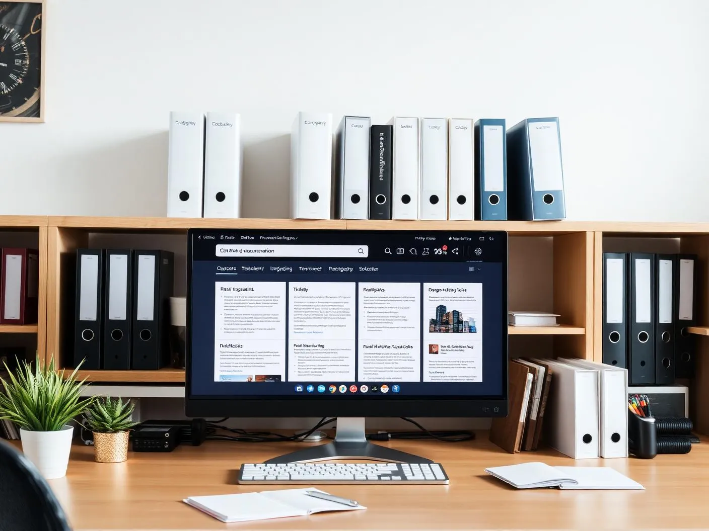 Desk with a monitor showing searchable documentation pages beside reference binders Desk with a monitor showing searchable documentation pages beside reference binders