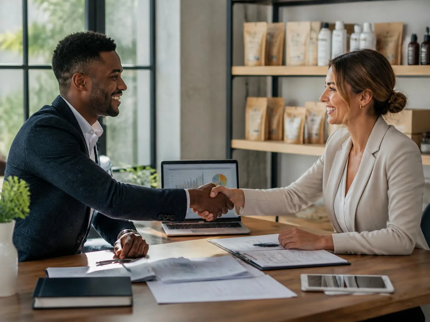 Two entrepreneurs shaking hands over a laptop and paperwork while agreeing an online business sale