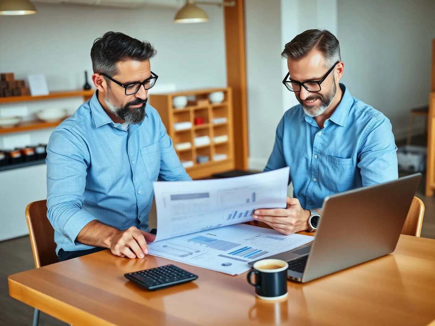 Two shop owners comparing plan costs on a laptop and printed figures at a bright table
