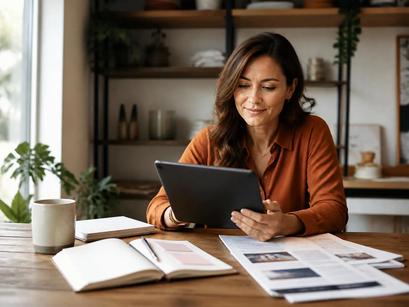 Store owner reading a growth guide on a tablet at a bright table with notebooks and printed playbooks