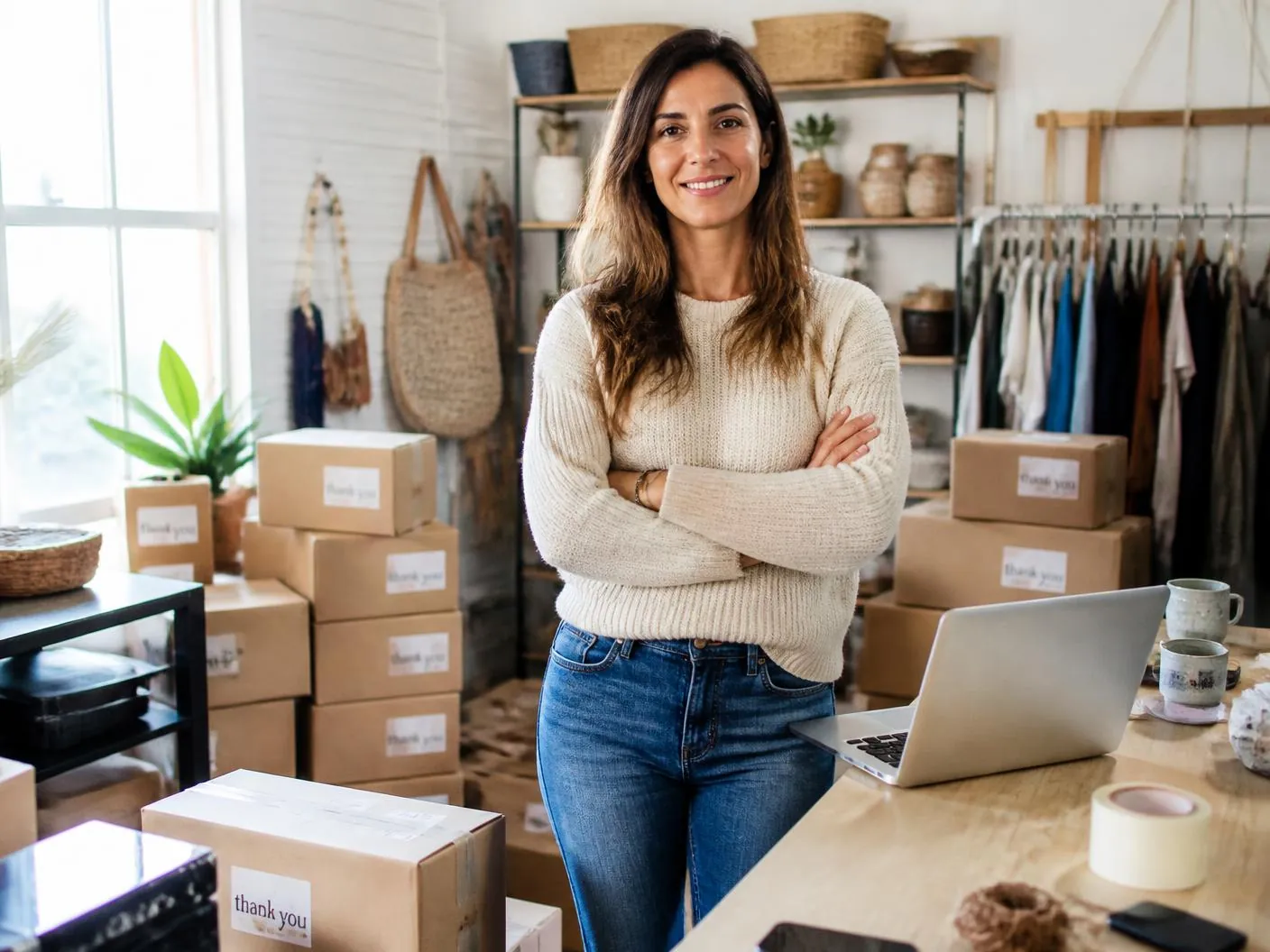 Independent store owner in her studio surrounded by orders ready to ship