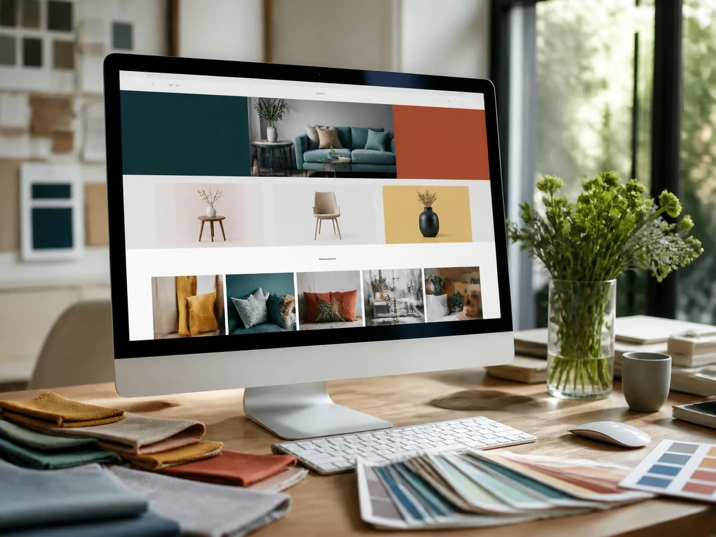 Designer's desk with a monitor showing a modern online store homepage beside fabric swatches and colour cards