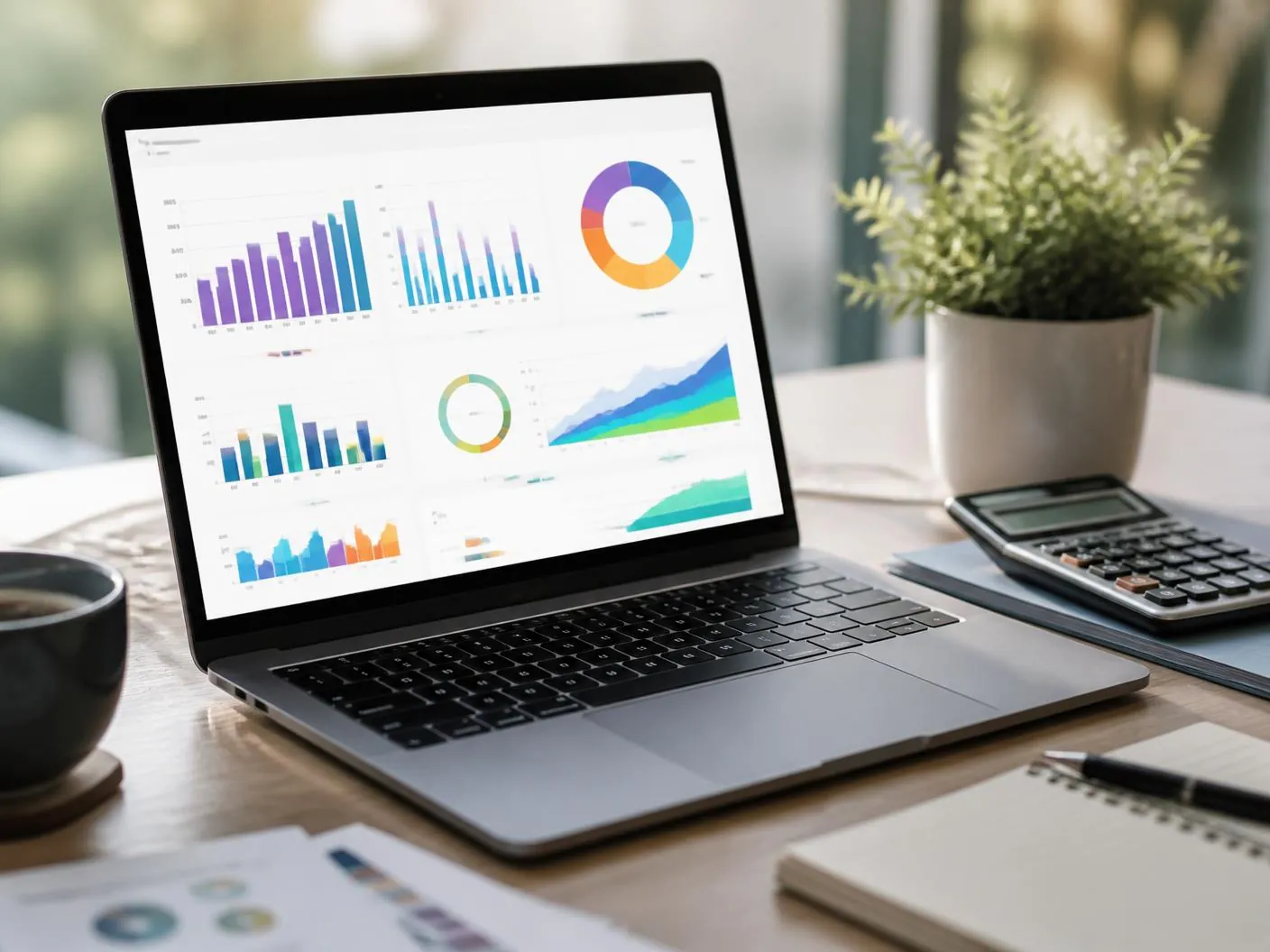 Laptop on a desk showing colourful store analytics dashboards beside a calculator and notepad